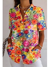 cheap Floral Blouses-Women's Shirt Button Down Shirt Casual Shirt Summer Tops Buttons Print Floral Graphic Vintage Stylish Modern Sleeveless Short Sleeve Shirt Collar Regular Tops Daily Green / Blue Pink Rainbow Summer