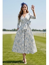  A-Linie Kleid Knöchellänge Cocktailkleider Partykleider Elegant Vintage Halbarm V Ausschnitt Hochzeitsgast Kirche Abnehmbar Jacquard mit Schleife(n) Blume