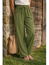 Недорогие Роскошные брюки-Жен. Широкие Льняные брюки Штаны Чино Отпуск Мода Классический Полная длина Нормальная Полотняное плетение Кулиска Плиссировка Карман Комфорт Легкость Дышащий Неэластичная