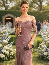 tanie Suknie wieczorowe syrenki-Syrena Tren sweep Suknia Suknia wieczorowa Sukienka dla matki panny młodej Rękaw 1/2 Łódeczka Elegancja Formalny Gość weselny Koronka Tiul z Haft nakładany