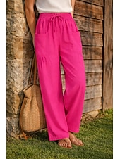 Недорогие Роскошные брюки-Жен. Широкие Льняные брюки Штаны Чино Отпуск Мода Классический Полная длина Нормальная Полотняное плетение Кулиска Плиссировка Карман Комфорт Легкость Дышащий Неэластичная