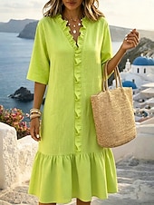 economico Vestiti-Per donna Abito al ginocchio Abiti di lino Abito in lino Essenziale Spiaggia Vacanza Vestibilità comoda Colore Puro Mezza Manica Scollo a V Nero Bianco Verde Estate