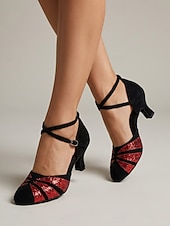 abordables Años 1920 &amp; Era Gatsby-Zapatos de tacón de ante negro estilo Gran Gatsby de los años 20 para mujer: elegantes zapatos de salón rojos con purpurina y estampado de rayos de sol, con correa en el tobillo, ideales para fiestas
