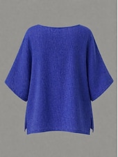 economico Camicie di Lusso-camicetta da donna 100% cotone tinta unita basic casual manica a 3/4 girocollo top regolare blu quotidiano verde erba nero bianco verde chiaro estate