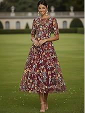 Недорогие Длина щиколотки-А-силуэт Платья Ниже колена Коктейльные платья Свадебное платье для гостей Платье для матери невесты Рукав до локтя Вырез под горло Вырез лодочкой Элегантный стиль На каждый день