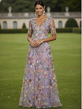  А-силуэт Платья В пол Платье для вечеринки Коктейльные платья Платье для матери невесты Рукав до локтя V-образный вырез Элегантный стиль Винтаж Роскошный Официальные Свадебный гость Дерби в Кентукки