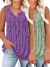 cheap Plain Tank-Multi Packs 2pcs Women's V Neck Sleeveless Yellow+Blue Tank Sleeveless Shirt Tee Top Floral Casual Daily Polyester Summer
