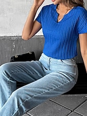  Per donna Maglietta A strisce Semplice Elegante Moda Manica Corta Scollo a V Top Regolari Casuale Quotidiano Spiaggia Blu Primavera