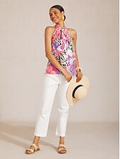 abordables Trajes de blusa para mujer-Top de tirantes rosa con estampado paisley y satén sedoso de Blush&amp;Beast