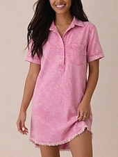 ieftine Rochie simplă-Rochie de damă până la genunchi, spălată, 90% bumbac, vintage, casual, mânecă scurtă, guler cămașă, albastru, negru, roz, vară, primăvară