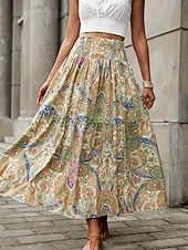 abordables Faldas de Vacaciones-Mujer Falda de vacaciones Bohemia Vintage Casual Maxi Alta cintura Faldas Cachemir Estampado Elástico Diario Calle Negro Vino Rojo Naranja Verano