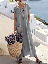 abordables Robe blanche-Femmes Robe maxi Robe trapèze Robe d'été Occasionnel Quotidien Coupe Ample Uni Manche Courte Col en V Bleu Ciel Violet Claire Vert Gris Été Printemps