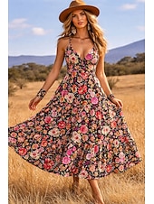 cheap Boho Dress-Women's Maxi Dress Boho Dress Sundress Casual Dress Ethnic Dress Elegant Bohemia Vacation Beach Holiday Date Loose Fit Floral Graphic Sleeveless V Neck Black Red Orange Summer Spring