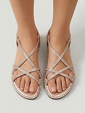 cheap Flat Sandals-Women's Strappy Flat Comfort Sandals, Open Toe Elastic Back Casual Dress Shoes for Garden Parties, Outdoor Events &amp; Summer Walks