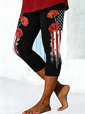  Mujer Chinos Polainas Vacaciones Moda Ropa de calle Capris Alta cinturaPantsDía de la Independencia Americana Floral Graphic Bandera estadounidense Estampado Comodidad Suave Cómodo Elástico Diario