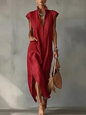  Women's Midi Dress Linen-feel Dresses Boho Dress Elegant Daily Outdoor Beach Loose Fit Plain Sleeveless V Neck Black White Red Sky Blue Summer