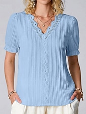 cheap Plain tee-Women's T Shirt Lace Splicing Top Tee Top Lace Patchwork Plain Fashion Stylish Classic Short Sleeve V Neck Regular Tops Daily Going out Weekend Black White Yellow Purple Fuchsia Summer Spring