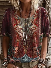 economico T-shirt Boho-Per donna Maglietta Stampato Floreale Grafico Geometrico Vintage Elegante Casual Manica Corta Scollo a V Top lunghi Casuale Quotidiano Weekend Blu Viola / Blu Nero Giallo Vino Estate Primavera