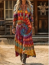 preiswerte Ethnisches Boho-Kleid-Damen Maxikleid Sommerkleid Urlaub Lässig Boho Täglich Normale Passform Blumen Grafik Paisley-Muster Langarm V Ausschnitt Schwarz Rote Grün Sommer Frühling