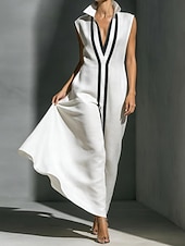 Недорогие Простое платье-Жен. Длинное платье Длинное платье Элегантный стиль Современное на открытом воздухе Отпуск На выход Свободное облегание Контрастных цветов Без рукавов Рубашечный воротник Черный Белый Винный Серый