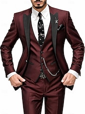 preiswerte Dinnerparty-Dreiteiliger Herren-Smoking in Burgunderrot, Slim Fit – ideal für Hochzeiten, Abschlussbälle und Dinnerpartys. Bestehend aus einem einreihigen Blazer mit Schalkragen, Weste und Hose. Erhältlich in Schwarz, Blau und Grün.