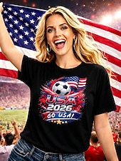 preiswerte Weltfußballspiel-Damen-Fußball-T-Shirt mit Grafikprint, stylisch, klassisch, lässig, Kurzarm, Rundhalsausschnitt, normale Passform, Oberteil für Freizeit, Sport, blau, schwarz, weiß, rot, grün, Sommer, Frühling