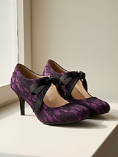 economico Retrò anni ’50-Décolleté vintage anni '50 da donna in pizzo viola scuro - eleganti scarpe con tacco in pizzo floreale viola intenso e fiocco in nastro di raso &amp;cinturini incrociati per balli retrò e serate di gala