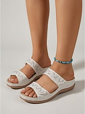 abordables Mujeres-Sandalias blancas de cuña cómodas para mujer: sandalias planas con doble tira adornadas con brillantes pedrería y suela de plataforma ortopédica para resorts al aire libre y vacaciones en la playa.