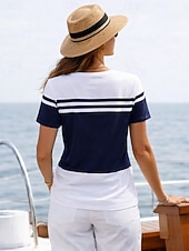 economico T-shirt a righe e geometrico-Per donna Maglietta Blocco di colore Stampato Grafico Geometrico Oceano Vintage Moda Elegante Manica Corta Girocollo Top Regolari Quotidiano Blu Bianco Rosso Blu marino Estate Primavera