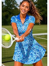 cheap Women's Tennis Dress-Women's Paisley Tennis Dress Short Sleeve Zipper Print Breathable Tennis Golf Badminton Collar Polo Collar Dress Blue and White Tennis Clothing