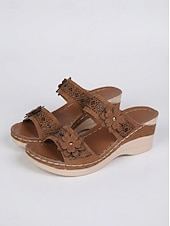 ieftine Sandale tip slide-sandale de damă cu pană cu ornamente florale și suport confortabil pentru arc - perfecte pentru ieșirile casual de vară