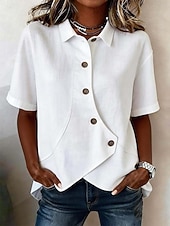 economico Camicie Finte Essenziali-Per donna Blusa Finto cotone e lino Bottoni Tinta unica Essenziale Casual Manica Corta Colletto a Camicia Top Regolari Quotidiano Blu Bianco Albicocca Estate Primavera