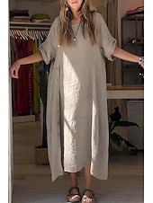 cheap Plain Dress-Women's Midi Dress Shift Dress Casual Dress Summer Dress Basic Classic Daily Vacation Loose Fit Plain Short Sleeve Crew Neck Pink Red Green Apricot Summer Spring