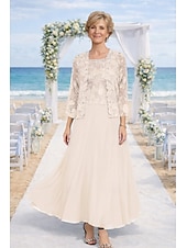 preiswerte Mamas Kleidersets-Zweiteilig Kleid-Sets Knöchellänge Kleid für Hochzeitsgäste Brautmutterkleid Langarm Rundhalsausschnitt Elegant Hochzeitsgast Kirche Chiffon mit Spitze Stickerei