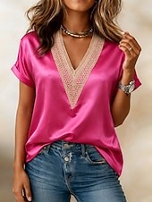 ieftine Rezervor simplu-Pentru femei Maiou din satin Tricou Tee Top Simplu Modă Stilat Clasic Manșon scurt În V Topuri obișnuite Casual Zilnic Ieșire Negru Alb Fucsia Vară Primăvară