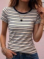 voordelige Stripe &amp; Geometrische t-shirt-Dames T-shirt Gestreept  Gestreept Stijlvol Klassiek Korte mouw Strakke ronde hals Normale tops Casual Kastanjebruin Blauw Zwart Zomer Lente