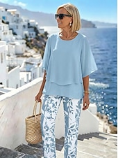  Conjuntos de 2 Peças Femininos Moda Streetwear Casual Calças Sem Mangas Manga Curta Decote Redondo Impressão Gráfica Floral Férias Casual Diários Rosa Azul Azul Céu Verão Ajuste Solto