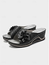 preiswerte Rutschsandalen-Offene Damen-Sandalen zum Hineinschlüpfen mit Keilabsatz und Blumendekor – atmungsaktiv, bequem und stylisch für den lässigen Sommerlook