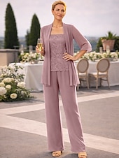 abordables Trajes de pantalón de mamá-Conjunto de pantalón vestido largo madre de la novia Manga larga Escote joya Elegante Simple invitada de boda con color sólido