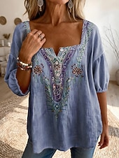 abordables Blouses Florales-Femmes Chemisier Boutons Imprimé Fleuri Graphique Quotidien Élégant Occasionnel Demi Manches Col carré Hauts Réguliers Occasionnel Quotidien Bleu Beige Été Printemps