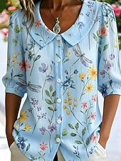 ieftine Bluze florale-Pentru femei Cămașă Imprimeu Floral Grafic libelulă Vacanță Epocă Stilat Manșon Jumate Gulerul Peter Pan Topuri obișnuite Casual Zilnic Albastru piscină Alb Galben Vară Primăvară