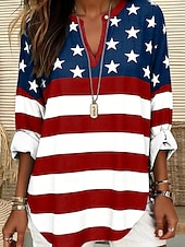  Giorno dell'Indipendenza Americana Per donna Blusa Stampato Bandiera Casual Manica Lunga Scollo a V Top Regolari Casuale Quotidiano Rosso Blu Reale Estate Primavera