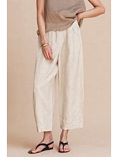 cheap Straight-Leg Pants-Women's 100% Linen Vacation Basic Ankle-Length Mid Waist Plain Breathable Inelastic Daily Flaxen gray-green White Spring Loose Fit