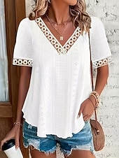  Women's Eyelet Top Pointelle Tee T Shirt Tee Textured Elegant Stylish Classic Short Sleeve V Neck Regular Tops Casual Beach White Yellow Pink Summer