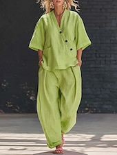 Χαμηλού Κόστους Σκηνικά-Γυναικεία Σετ με λινή αίσθηση Σετ παντελονιών 3/4 Μήκος Μανικιού Λαιμόκοψη V Συμπαγές Χρώμα Μοντέρνα Κομψό στυλ street Causal Καθημερινά ΕΞΩΤΕΡΙΚΟΥ ΧΩΡΟΥ Θαλασσί Μαύρο Χακί Καλοκαίρι Χαλαρή Εφαρμογή