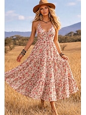 cheap Boho Dress-Women's Maxi Dress Boho Dress Sundress Casual Dress Ethnic Dress Elegant Bohemia Vacation Beach Holiday Date Loose Fit Floral Graphic Sleeveless V Neck Black Red Orange Summer Spring