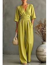 preiswerte Urlaubsoverall-Damen Overall Elegant Einfarbig Halbarm Weites Bein V Ausschnitt Patchwork Tasche Täglich Urlaub Normale Passform Schwarz Weiß Gelb Sommer