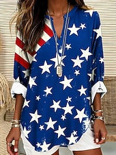  Giorno dell'Indipendenza Americana Per donna Blusa Stampato Bandiera Casual Manica Lunga Scollo a V Top Regolari Casuale Quotidiano Rosso Blu Reale Estate Primavera