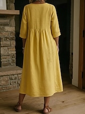 Femmes Robe Midi Robes effet lin Robe d'Été Robe trapèze Robe d'été Vacances Fête Basique Quotidien Bureau Plage Coupe Ample Uni Demi Manches Col en V Bleu Ciel Noir Olive verte Jaune Été Printemps