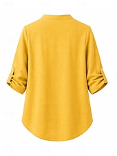 お買い得  ラグジュアリーシャツ-女性用 コットンリネンシャツ 夏のトップス ブラウス ドレッシーなトップス フリル パッチワーク ポケット 純色 平織り エレガント ヴィンテージ レディース 七分袖 Ｖネック シャツカラー ロングトップス カジュアル 日常 ワーク ブルー イエロー パープル グリーン カーキ色 夏 春